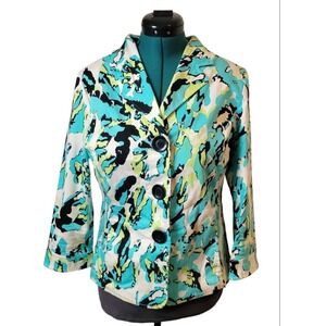 Cheryl Nash Abstract Print Blazer Jacket Women's Size L Teal Black White